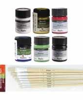 Voordeelset van 6x verschillende kleuren acrylverf hobbyverf 15 ml per potje 6x penselen